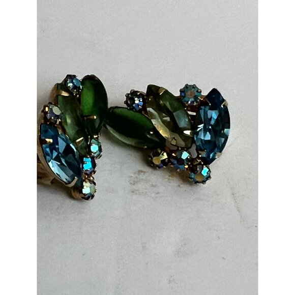 Alice Caviness Vintage Gold-Tone Clip-On Earrings W/ Green & Blue Rhinestones - Picture 7 of 9